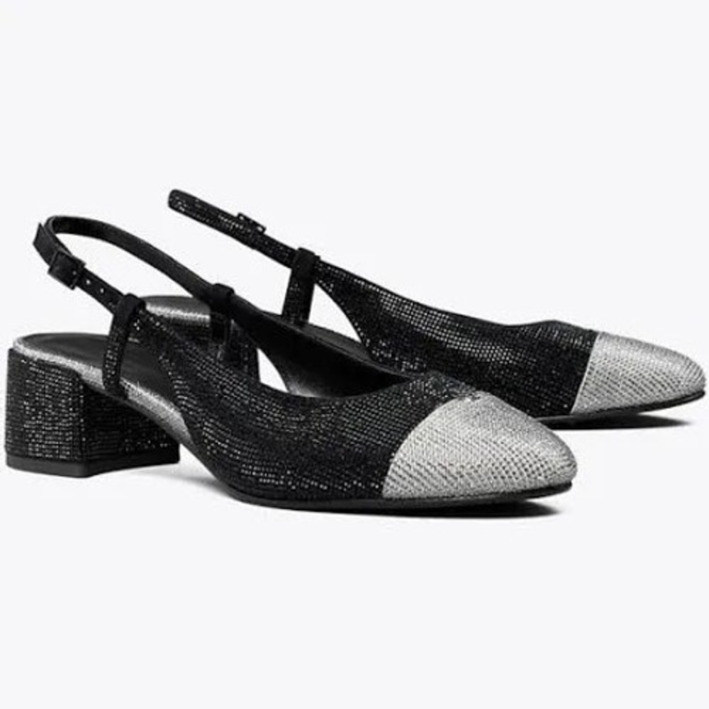 Tory Burch Black Silver Crystal Embellished Cap Toe‎ Slingback Pumps Size 6 EUC